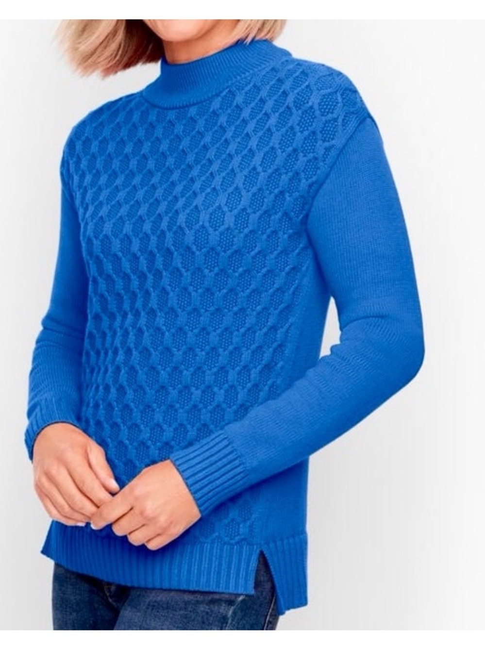 Talbots Honeycomb Mock Neck Sweater Women’s Size XL Cotton Blend Cerulean Blue